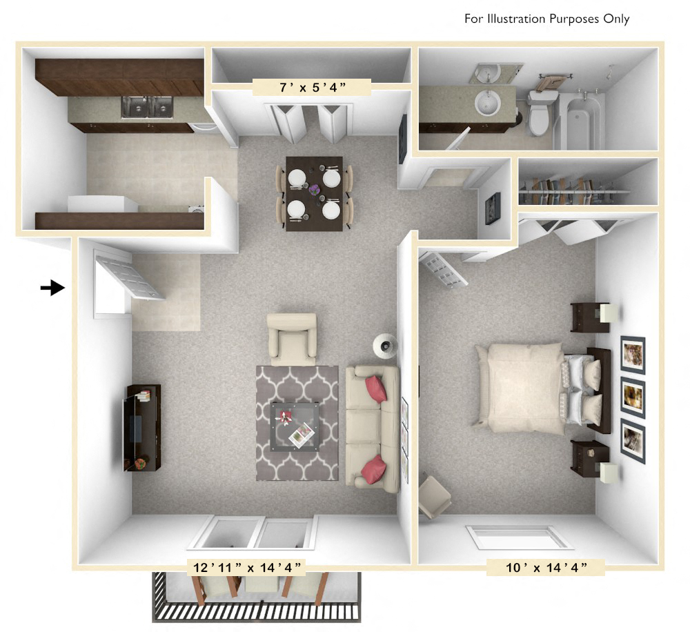 Floor plan for 1 bed, 1 bath, 562 sqft